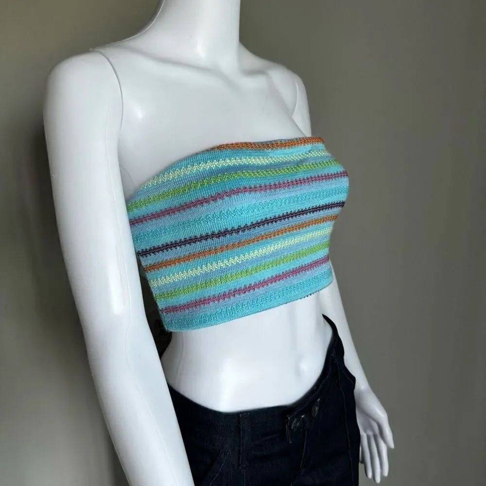 Princess Polly Crotchet Knit Blue Striped 70’s Top NWT